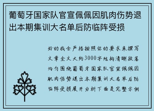 葡萄牙国家队官宣佩佩因肌肉伤势退出本期集训大名单后防临阵受损 葡萄牙国家队官宣佩佩因肌肉伤势退出本期集训大名单后防临阵受损