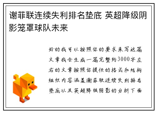 谢菲联连续失利排名垫底 英超降级阴影笼罩球队未来 谢菲联连续失利排名垫底 英超降级阴影笼罩球队未来