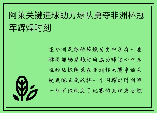 阿莱关键进球助力球队勇夺非洲杯冠军辉煌时刻 阿莱关键进球助力球队勇夺非洲杯冠军辉煌时刻
