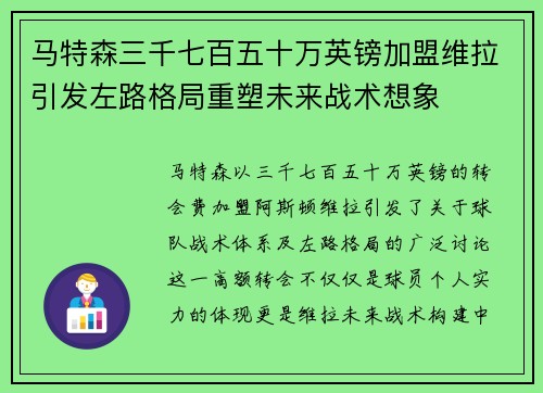 马特森三千七百五十万英镑加盟维拉引发左路格局重塑未来战术想象