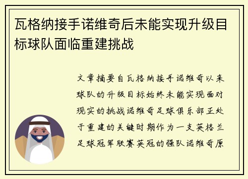 瓦格纳接手诺维奇后未能实现升级目标球队面临重建挑战