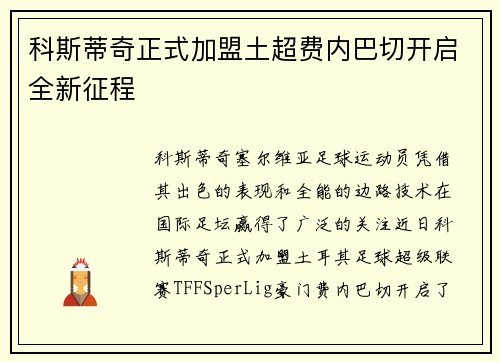 科斯蒂奇正式加盟土超费内巴切开启全新征程