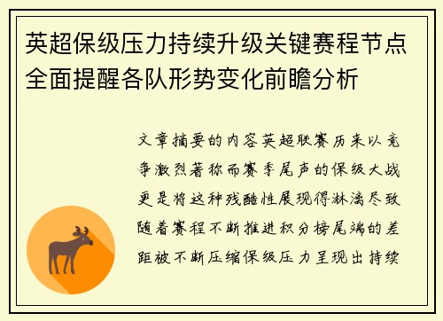 英超保级压力持续升级关键赛程节点全面提醒各队形势变化前瞻分析 英超保级压力持续升级关键赛程节点全面提醒各队形势变化前瞻分析
