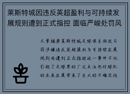 莱斯特城因违反英超盈利与可持续发展规则遭到正式指控 面临严峻处罚风险